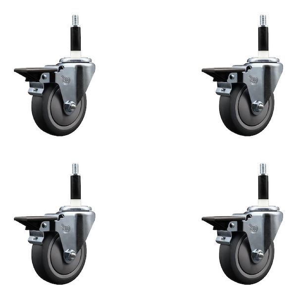 4'' Thermoplastic Rubber Swivel 3/4'' Expanding Stem Caster Set with Brake, 4PK